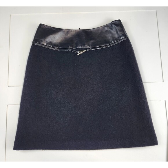 Lafayette 148 100% Wool & Leather Trim Skirt Black A-Line Minimalist Size 4 - Picture 1 of 8